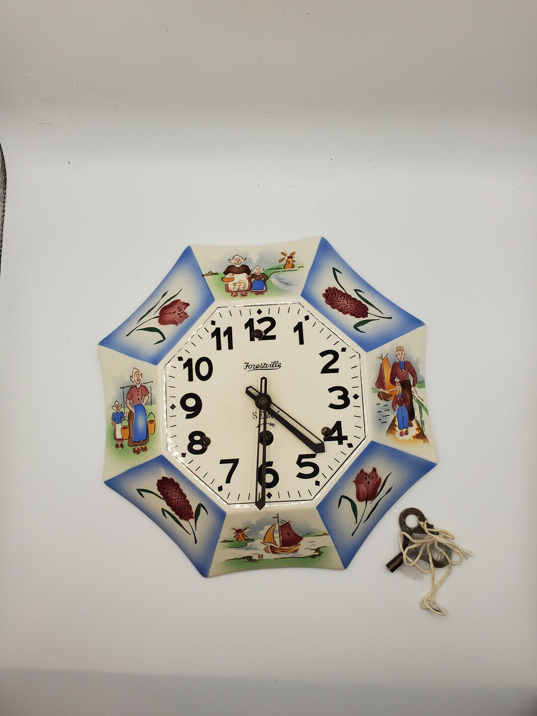 Forestville 8 Day Windup Wall Clock, Dutch Themed Design, With Key