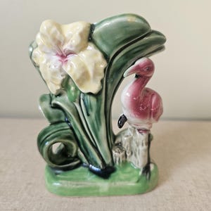 Vintage ceramic pink flamingo figurine planter by Shafford 1950s mid century decor, flamingo rarity