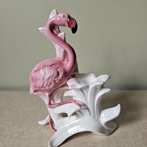 Vintage ceramic pink flamingo figurine candle holder Takahaski Japan decor, flamingo rarity, Makers foil stamp