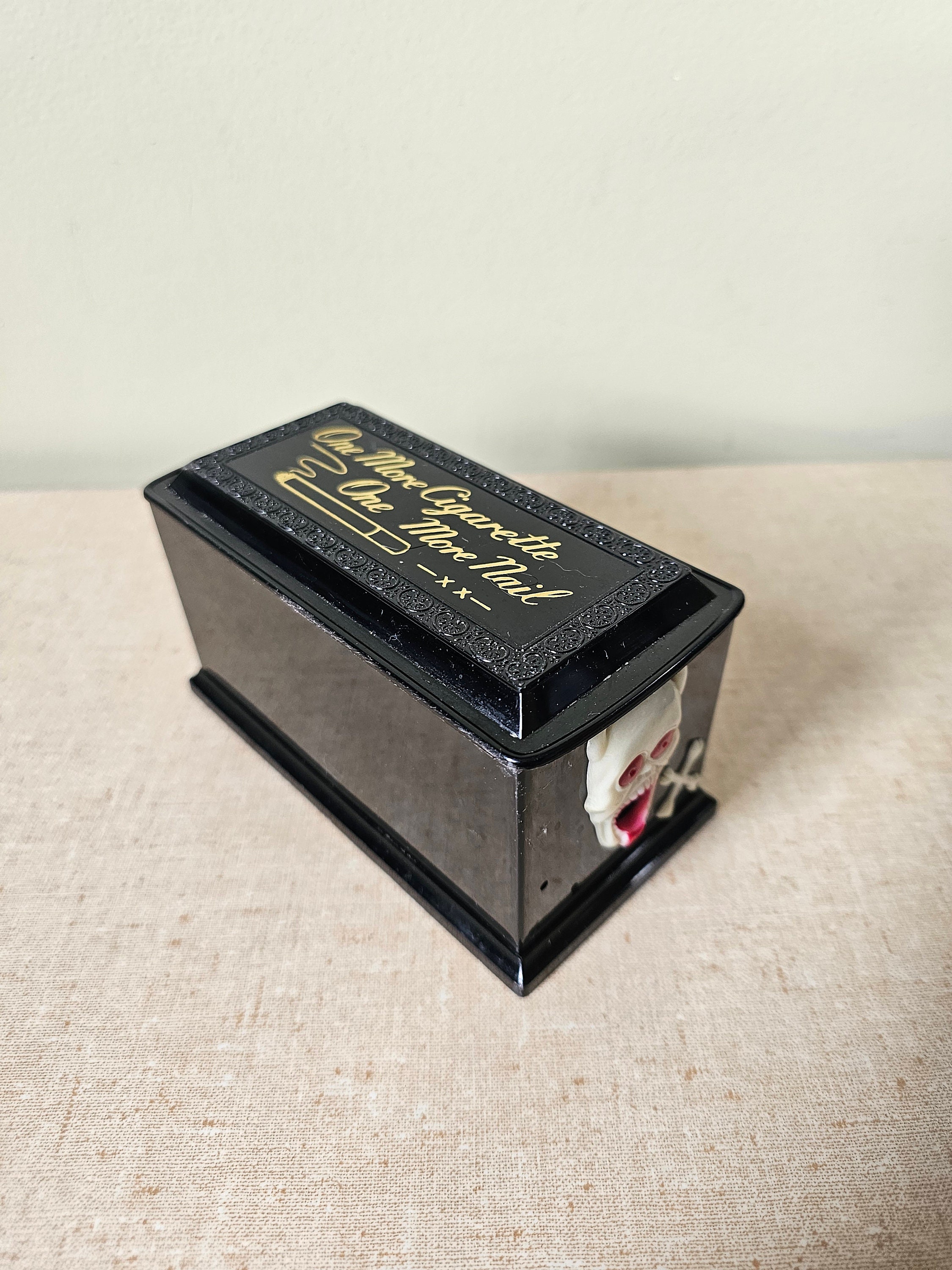 Mid Century Novelty Cigarette Dispenser, Coffin Shaped, Skull Devil Detail, Cigarette Machine, Smoke Holder