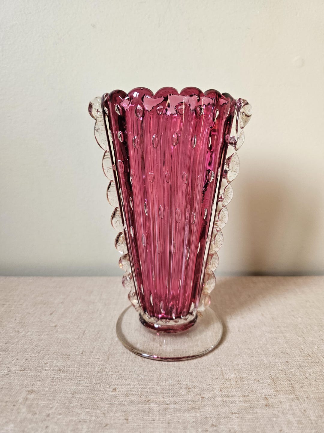 Raspberry Ruffle Retro Signs 50s Murano Venetian Glass Vase, Ruffled Edge, Raspberry in Color ...