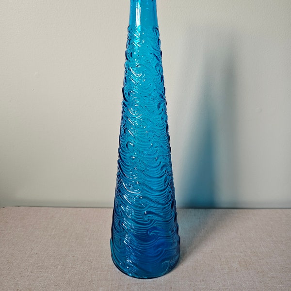 Mid Century Empoli Genie Bottle 1960s Blue Wave Glass, Collectors Glass