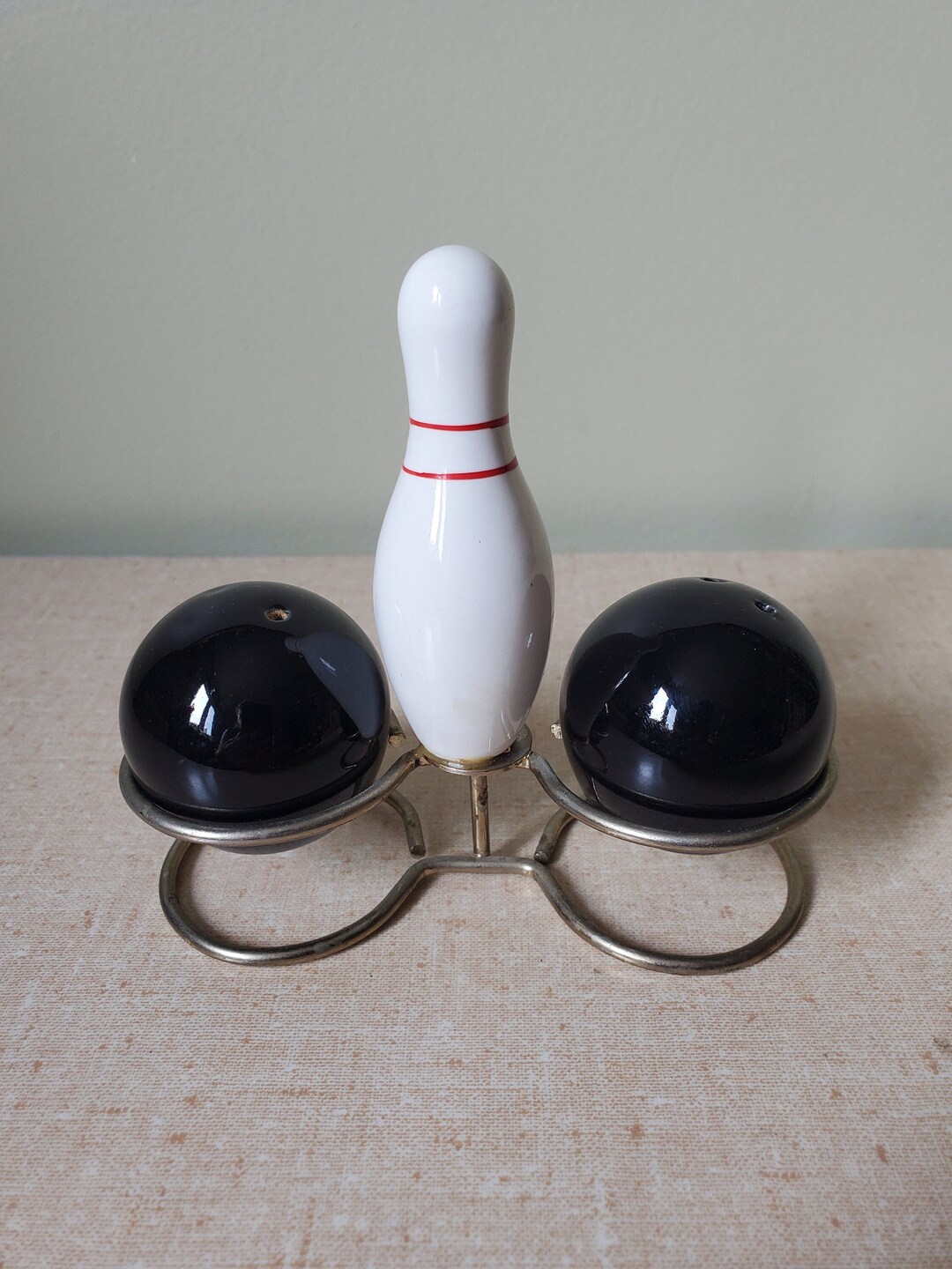 Vintage Bowling Pin and Balls Salt and Pepper Shaker Set, Retro Sport