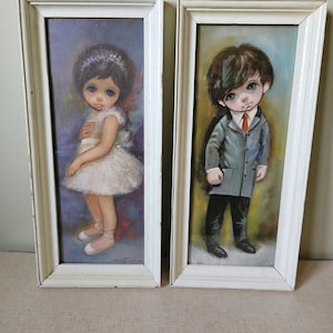 Vintage Framed Big Eyed Ozz Franca Harlequin Litho, Rustic White Framed, Boy and Girl, Sad Eyes
