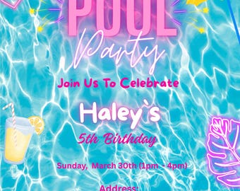 Pool Party Editable Invitation, Digital Invitation, Birthday Party Invites, Electronic Invites, Summer Party Invites, Kids Party Invites