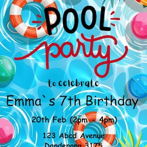 Puede incluir: Una invitación colorida a una fiesta en la piscina para celebrar el séptimo cumpleaños de Emma. La invitación presenta un fondo azul con una piscina, salvavidas y pelotas de colores. El texto dice "Únete a nosotros para la mejor fiesta en la piscina para celebrar el séptimo cumpleaños de Emma, 20 de febrero (2 pm - 4 pm), 123 Abcd Avenue, Dandenong 3175, RSVP a Ash 0421 345 678".