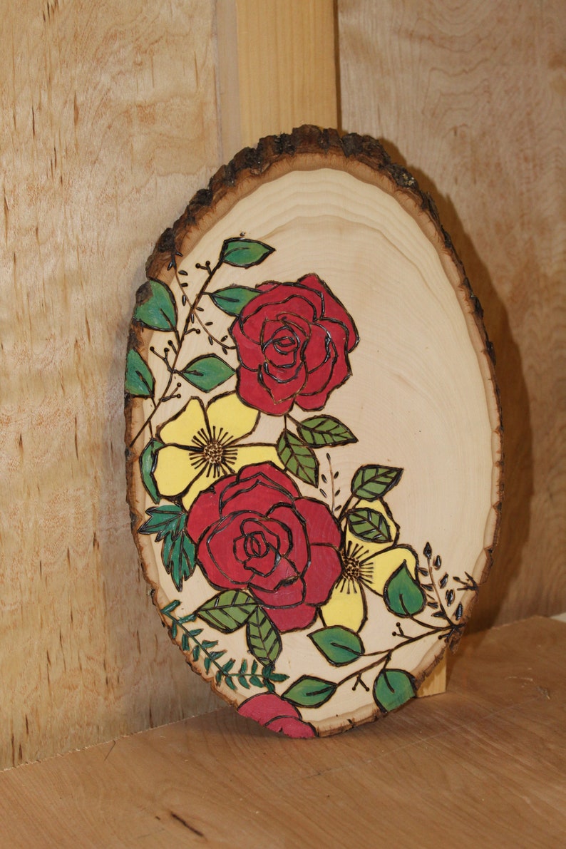 Acrylic Painted Floral Wood Burning Etsy