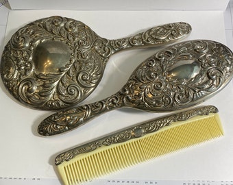 Vintage Vanity Set: silver plated Hand Mirror, Comb, and Brush