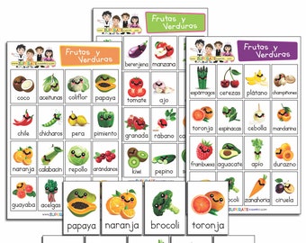 Fruit- en groenteloterij in het SPAANS om af te drukken - Bordspel om groenten en fruit te leren