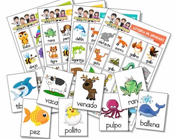 Animal Lottery in SPANISH to print, game to identify animals