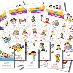 Printable Continuous Verbs Bingo - Lotería Verbos Gerundio Inglés para Imprimir