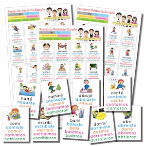 May include: Colorful flashcards with illustrations of people and animals, teaching Spanish verb conjugations in the preterite perfect tense. The cards feature the words "yo", "tu", "el-ella-usted", "nosotros", and "ustedes-ellos-ellas" along with various verbs such as "volar", "nadar", "comer", "escribir", "bailar", "dormir", "abrir", "jugar", "buscar", "cantar", "escuchar", "contar", "dibujar", "caminar", "sonreir", "descansar", "recortar", "pelear", "estudiar", "supe", "aprender", and "gritar".