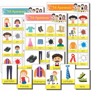 May include: Educational flashcards with the text "Mi Apariencia" and illustrations of clothing, hairstyles, and physical traits. Includes images of a dress, shoes, and a tie. The cards are designed for learning.