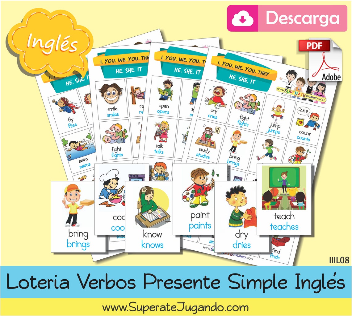Lotería Verbos Presente Indicativo en Inglés para Imprimir - Printable ...