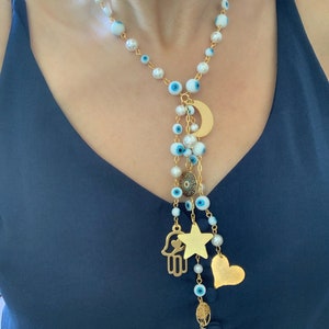 Handmade Evil Eye Charms Necklace Set 24K Gold Plated