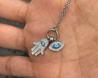 Sterling Silver 925 Evil Eye and Hamsa Hand Protection Necklace