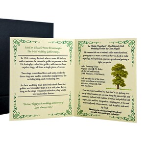 A printed Magill Woodcraft Ireland card on a white background. The card is printed with green Celtic knotwork corners and info about the Irish wedding goblet story and the native Irish Ash tree.