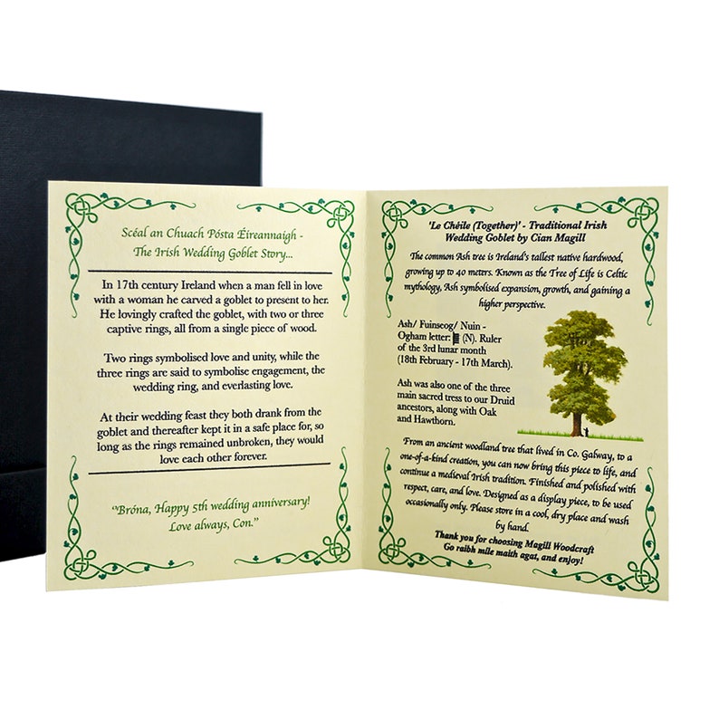 A printed Magill Woodcraft Ireland card on a white background. The card is printed with green Celtic knotwork corners and info about the Irish wedding goblet story and the native Irish Ash tree.