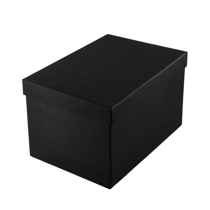 Perspective view of a black lidded cardboard gift box on a white background. The box is 10 inches long by 6 inches wide and 6 inches deep. It has a smooth finish.