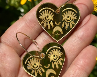 Pendientes de aro con forma de corazón lloroso de acrílico con espejo dorado