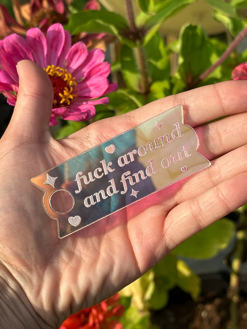 May include: A clear, iridescent acrylic bookmark with the phrase "fuck around and find out" in a cursive font. The bookmark has a banner shape with a small circle and heart design. Decorative star shapes are also included.