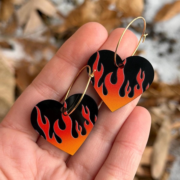 Hot Gradient Flame Black Heart Hoop Earrings