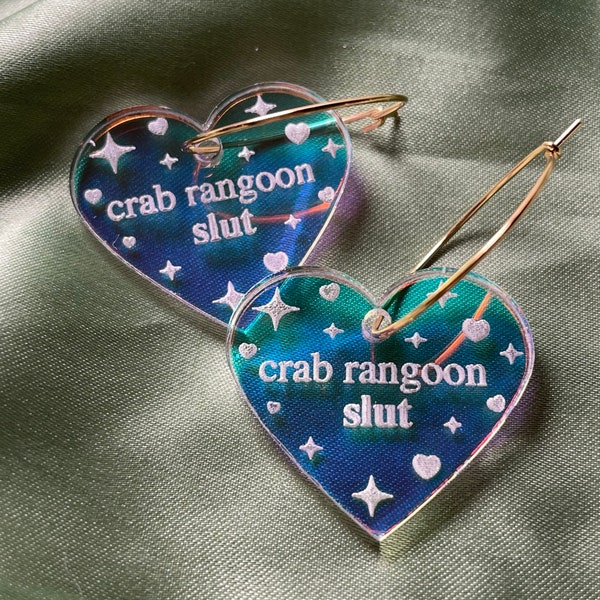 Iridescent Crab Rangoon Slut Heart Hoop Earrings