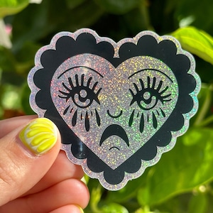 Crying Heart Scalloped Glittery Heart Sticker