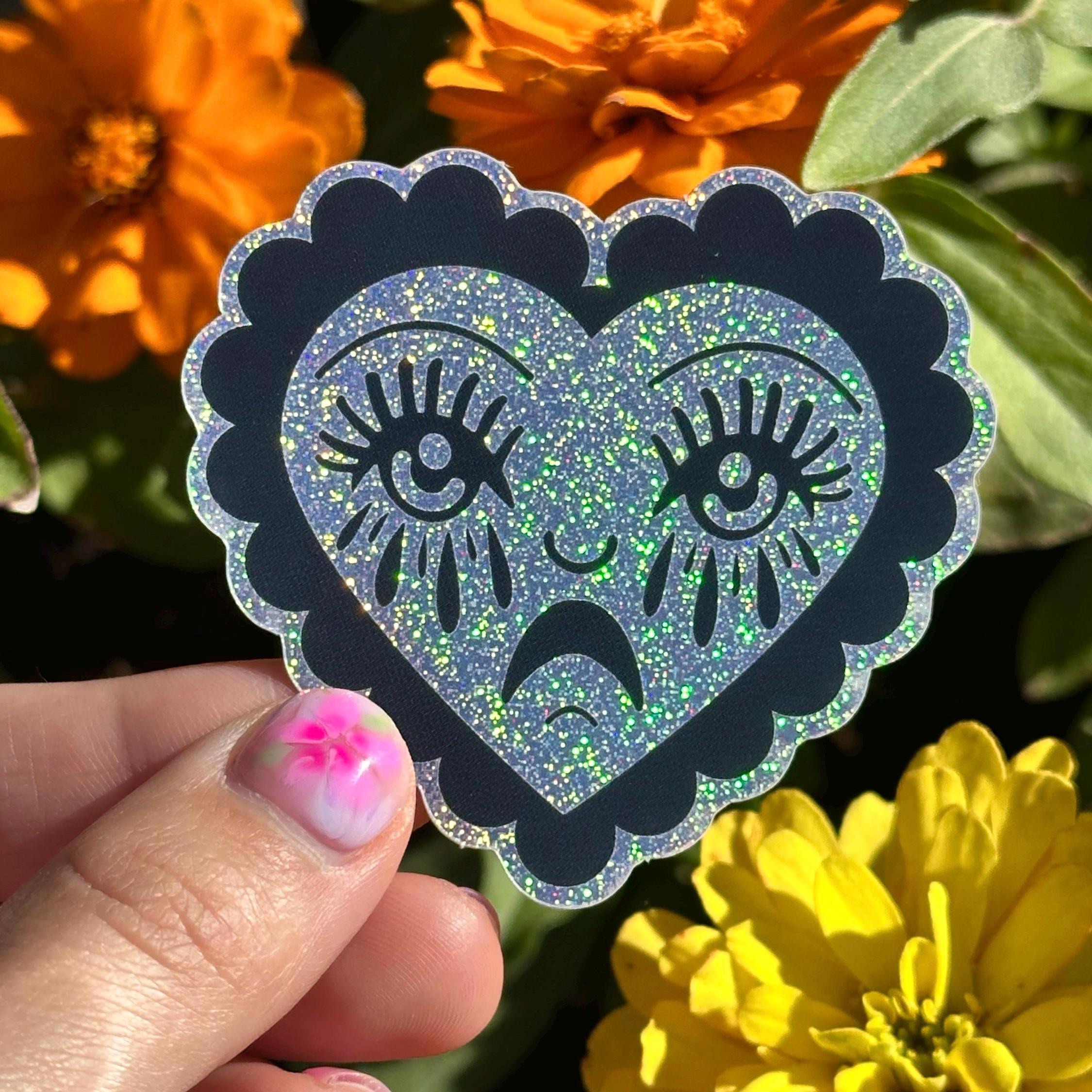 Crying Heart Scalloped Glittery Heart Sticker - Etsy