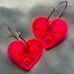 Hot Pink Translucent Acrylic Crying Heart Hoop Earrings