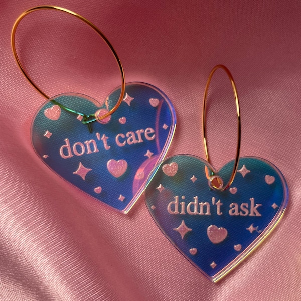 Iridescent Don’t Care Didn’t Ask Heart Hoop Earrings