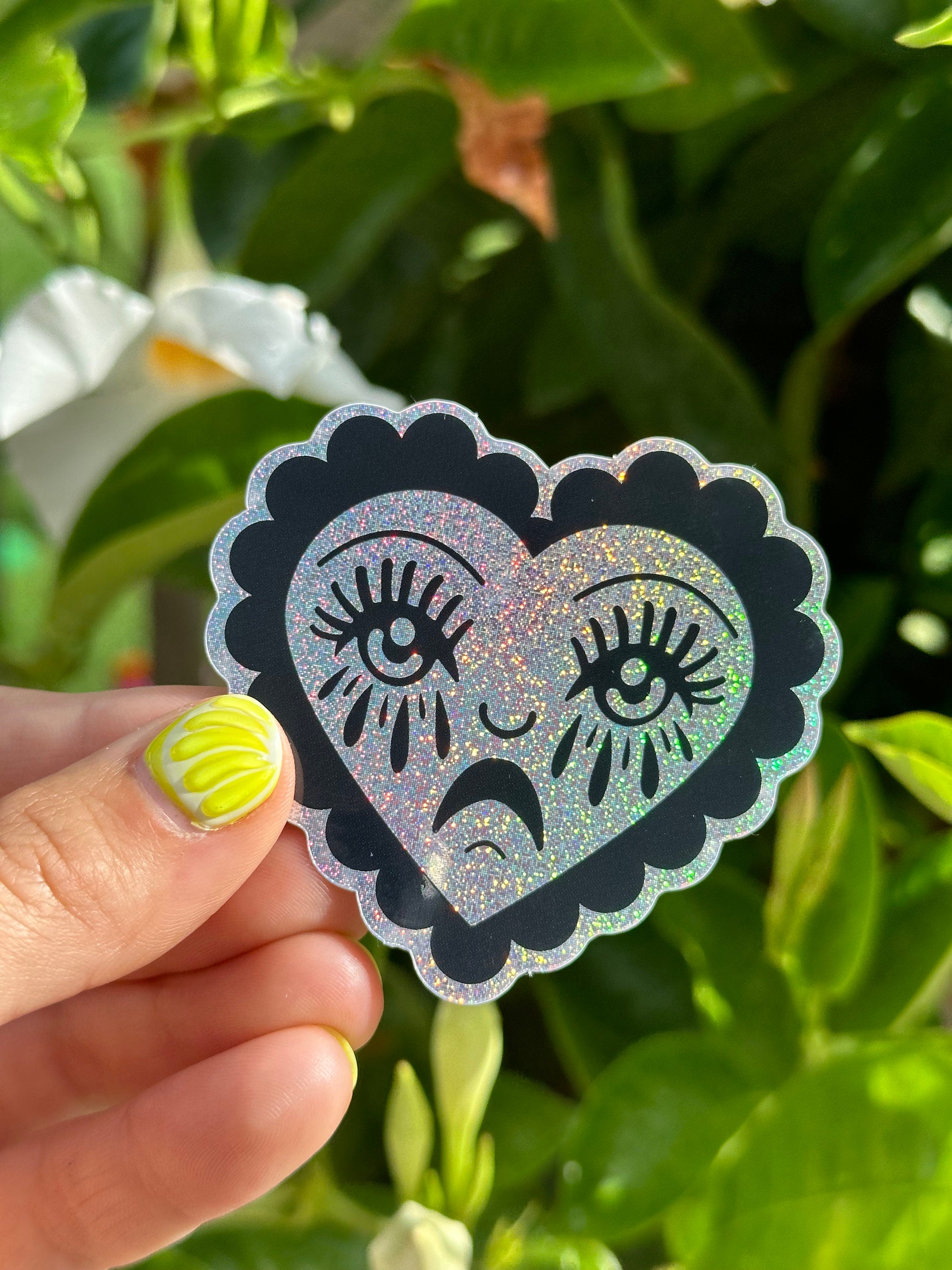 Crying Heart Scalloped Glittery Heart Sticker - Etsy