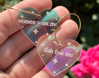 Iridescent Women Want Me Fish Fear Me Heart Hoop Earrings