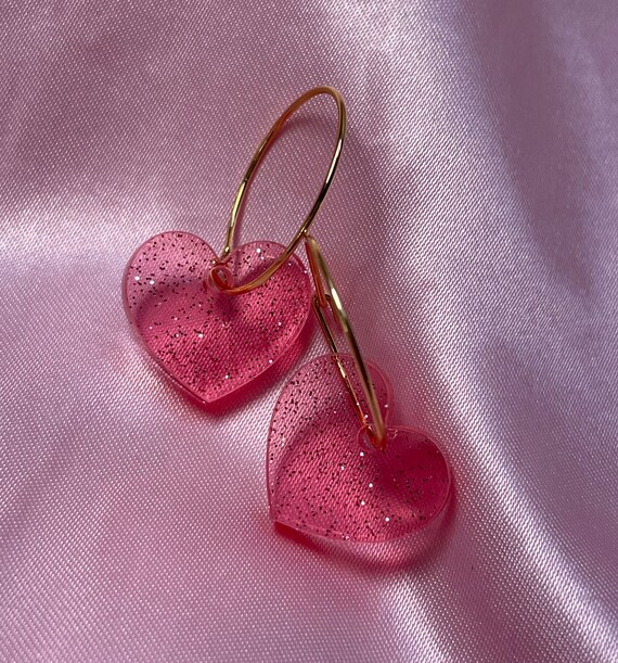 Small Sparkly Pink Heart Hoop Earrings 