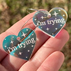 Iridescent I’m Trying Heart Hoop Earrings