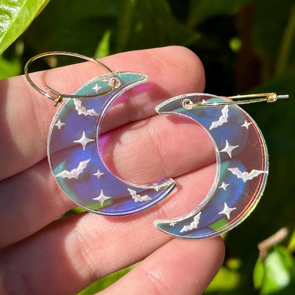 Iridescent Bat Halloween Moon Hoop Earrings