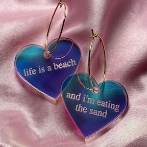 Iridescent Life Is A Beach & I’m Eating The Sand Heart Hoop Earrings