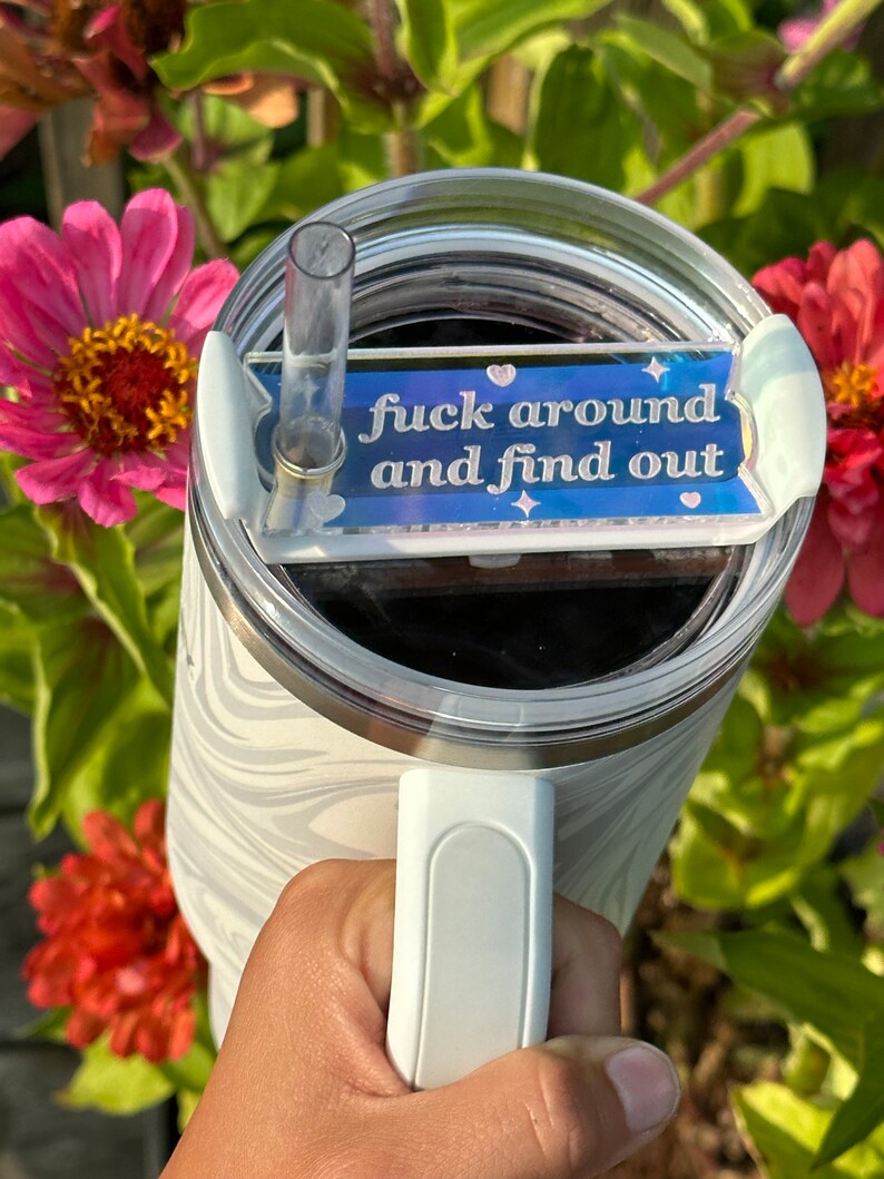 May include: A white and gray marble-patterned tumbler with a white handle. The lid has a clear straw and a blue rectangular accent piece with the text "fuck around and find out" in white script.