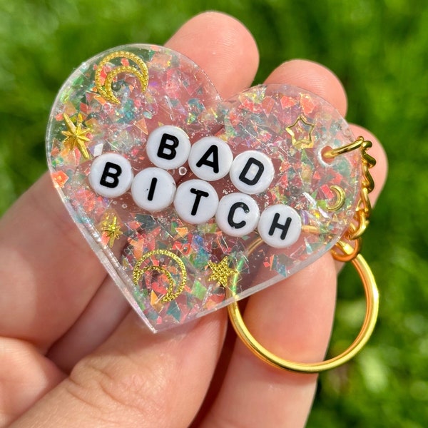 Individual Bad Bitch Resin Glitter Heart Keychain - Design Varies