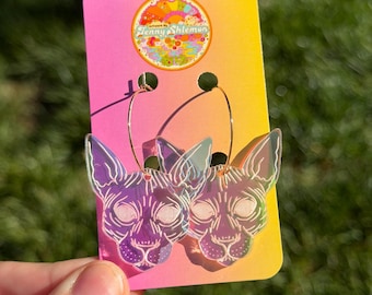 Pendientes de aro iridiscentes con forma de gato Sphynx de 3,8 cm (1,5 pulgadas)