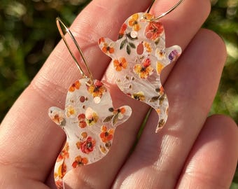 Fall Floral Print Halloween Ghost Hoop Earrings