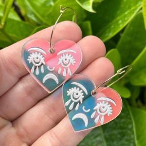 Iridescent Acrylic Crying Heart Hoop Earrings