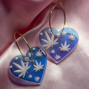 Iridescent Pot Leaf Heart Hoop Earrings