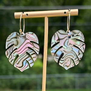Tropical Shell Acrylic Monstera Leaf Hoop Earrings