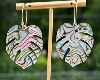 Tropical Shell Acrylic Monstera Leaf Hoop Earrings