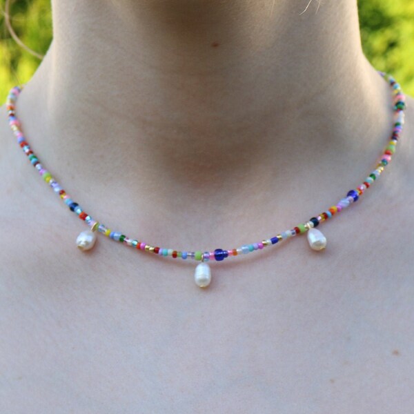 Pearl Colourful Beaded Necklace Choker - Rainbow Pearl Necklace - 14k Gold Filled - Sterling Silver - Boho Necklace - Sustainable Jewelry