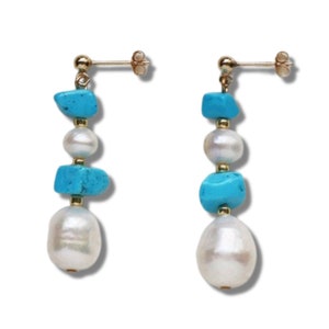Real Turquoise and Pearl Boho Earrings Beach Jewelry 14k Gold Filled Will Not Tarnish image 2