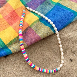 Bold Half Pearl Beaded Necklace Colourful Heishi Beads Boho beaded necklace Trendy Necklace Beaded necklace Sustainable Jewelry image 2