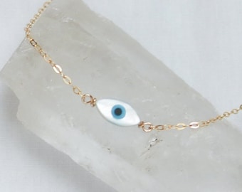 Gold Evil Eye Pendant Necklace, 14k Gold Filled Necklace, Mother of Pearl Charm Necklace, Stacking Necklace, Gift for her, Handmade