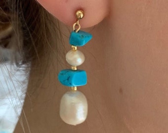 Real Turquoise and Pearl Boho Earrings - Beach Jewelry - 14k Gold Filled - Will Not Tarnish